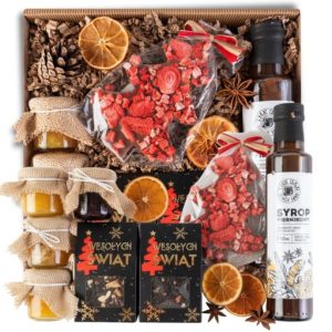 KOSZ PREZENTOWY ŚWIĄTECZNY ZESTAW HERBAT CZEKOLADA SYROP PIERNIKOWY ŚWIĘTA