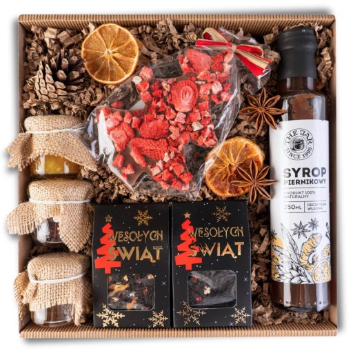 KOSZ PREZENTOWY ŚWIĄTECZNY ZESTAW HERBAT CZEKOLADA SYROP PIERNIKOWY ŚWIĘTA - obrazek 2